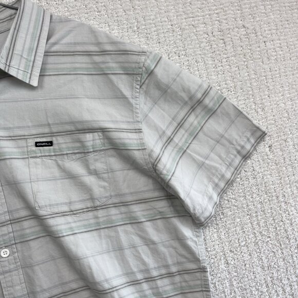 O'Neill Button Up Shirt Off-White / Grey w/Blue Striped Short Sleeve Surf Men XL - Picture 4 of 15